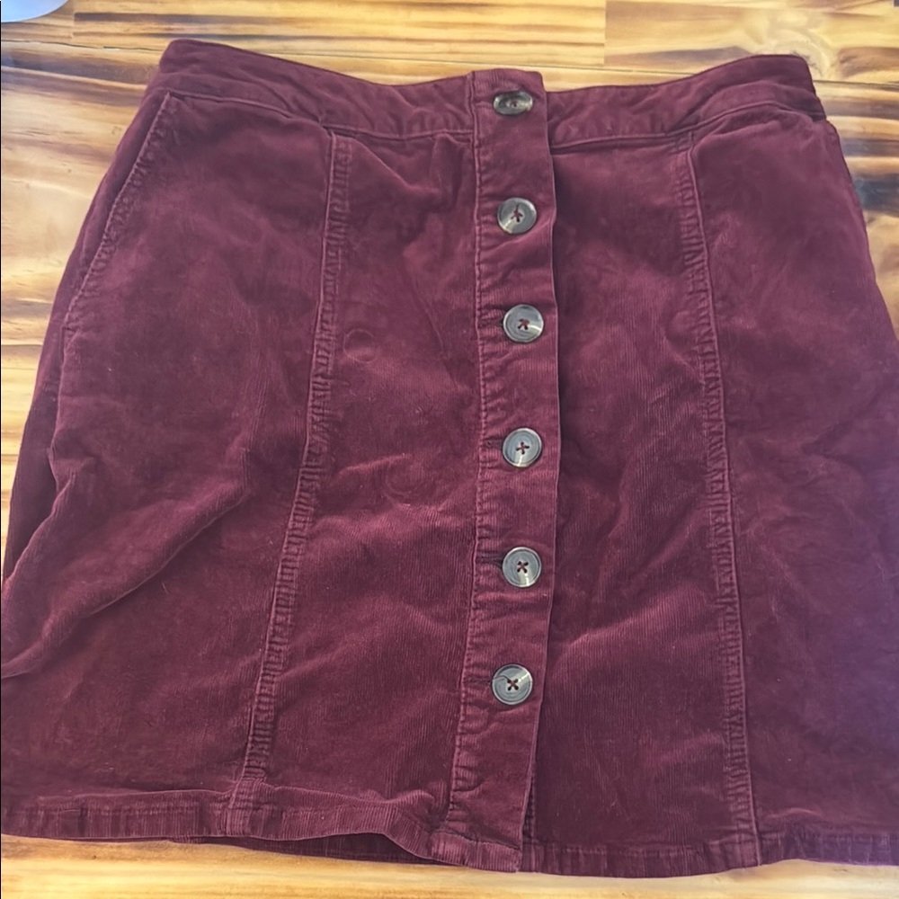 Button-Front Corduroy Skirt in Burgundy